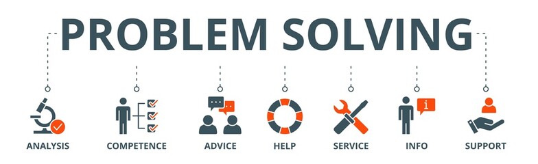 Problem solving banner web icon vector illustration concept with icon of analysis, competence, advice, help, service, info, and support