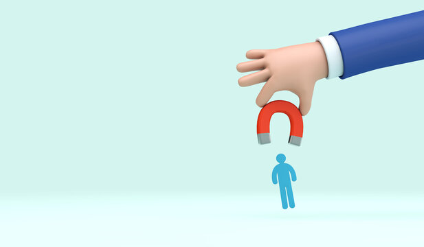 Hand holding a magnet attracting new customers or recruiting new staff members. 3D Rendering