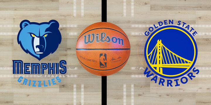 Guilherand-Granges, France - May 09, 2022. NBA basketball in arena with Memphis Grizzlies vs Golden State Warriors logo. Regular season or Playoffs game concept. 3D rendering.