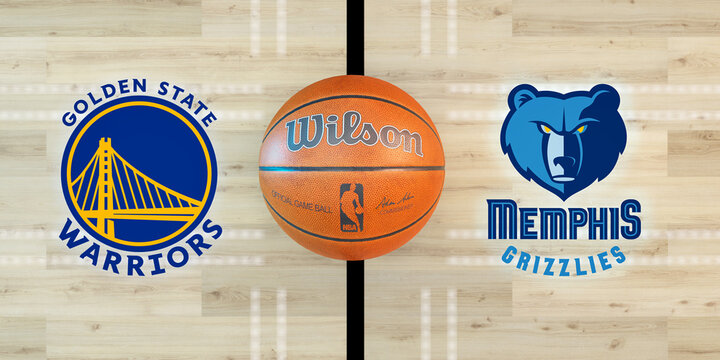 Guilherand-Granges, France - May 09, 2022. NBA basketball in arena with Golden State Warriors vs Memphis Grizzlies logo. Regular season or Playoffs game concept. 3D rendering.
