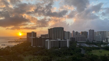 Fototapeta na wymiar Sunset over the Waikiki beach, Oahu Island, Hawaii year 2022 May