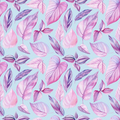 Fototapeta na wymiar Watercolor pink tropical leaves. design for wallpaper, wrapping paper, background, fabric. seamless pattern