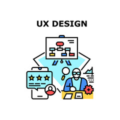 Ux Design Process Vector Icon Concept. Designer Planning Strategy On Board, Researching Documentation And Developing Ux Design. User Review In Smartphone Application Color Illustration
