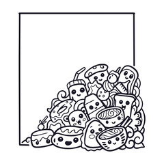 Cute japanese food doodle monster having fun isolated on white background