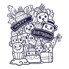 Cute doodle monster having fun celebrating birthday isolated on white background