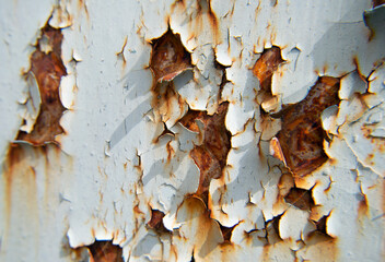 Hole chipped paint rusty textured, metal background. Extreme Close-Up Of Crumbling Paint Peeling Off From A Rusty Metal Plate.