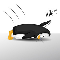 Penguin falls down and asks for help