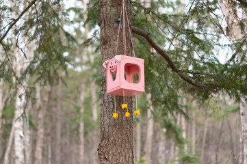 An unusual birdhouse in the form of a piglet hanging on a tree.