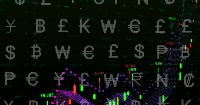 Animation of currency symbols over financial data processing on black background