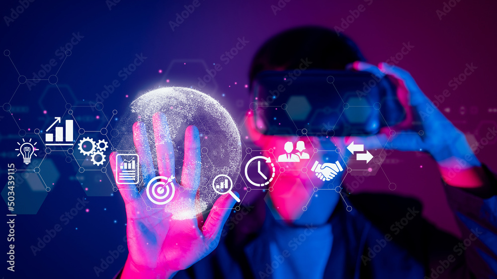 Poster a man use vr virtual reality. business worldwide internet application technology, digital marketing,