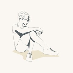 Beautiful woman resting after exercise. Sport girl illustration. Young woman wearing workout clothes. Sport fashion girl outline in urban casual style.