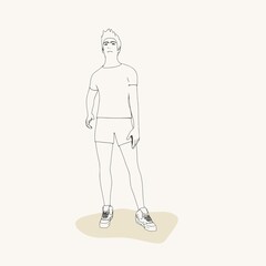 Standing man. Sport boy illustration. Casual sportwear - t-shirt, breeches and sneakers. Young man wearing workout clothes. Sport fashion boy outline in urban casual style.
