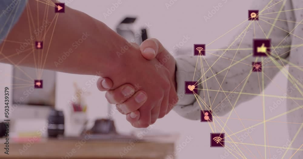 Poster Animation of network of connections with icons over diverse business people shaking hands