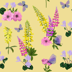 Vector pattern with anemone, lupines and butterflies on a yellow background.