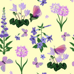 Vector pattern with campanula, cyclamens, digitalis and butterflies on a yellow background.