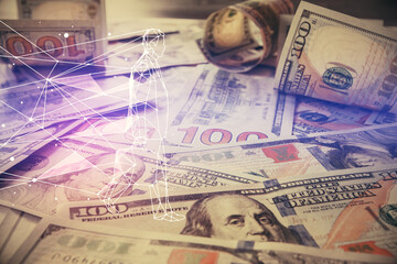 Double exposure of startup drawing over usa dollars bill background. Young business concept.