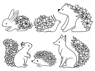 Set of cute floral animals. Collection of animals with flowers bouquets. Floral forest animals. Vector illustration on white background.