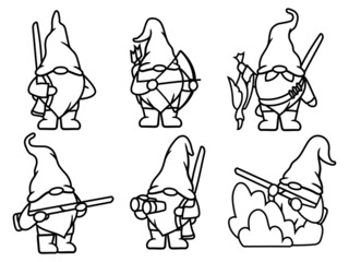 Set of little garden gnomes. Collection of cute hunter gnomes with a hunting rifle in the bushes. Vector illustration for a holiday card.