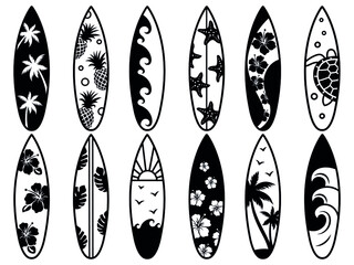 Set of hawaiian surfboard. Collection of flower blackboard for surfing. Activity lifestyle. Extreme water leisure. Vector Illustration of summer sport. - obrazy, fototapety, plakaty