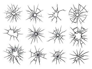 Set of cracks of glass. Сollection of black faults and cracks.  Holes in the window. Black and white vector illustration.