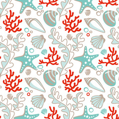 Sea shellsand corals. Ocean life. Seamless pattern. Summer print. Vector illustration.