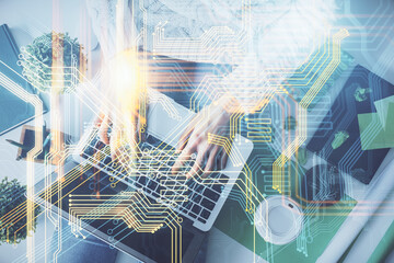 Double exposure of woman hands working on computer and world map hologram drawing. Top View. International business concept.