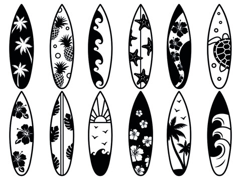 Set of hawaiian surfboard. Collection of flower blackboard for surfing. Activity lifestyle. Extreme water leisure. Vector Illustration of summer sport.