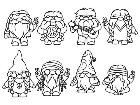 Set of hippie gnomes. Collection of cute elfs holidays gnomes with hats. Vector illustration on a white background.  Drawing for children.