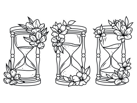 Set of floral hourglass. Collection ancient hourglass with a beautiful flowers. Vintage watch. Design for tattoo. Vector illustration for a postcard or a poster.