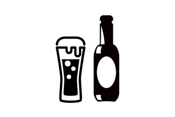 Beer bottle and glass icon, pub sign or bar symbol.