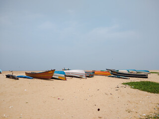 Fishing boats, pozhiyoor beach, Thiruvananthapuram, Kerala, seascape view