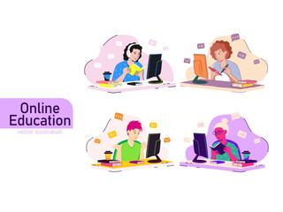 Set of students learning online