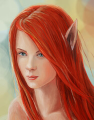 Illustration of a fabulous red-haired elf, digital art style, illustrative painting