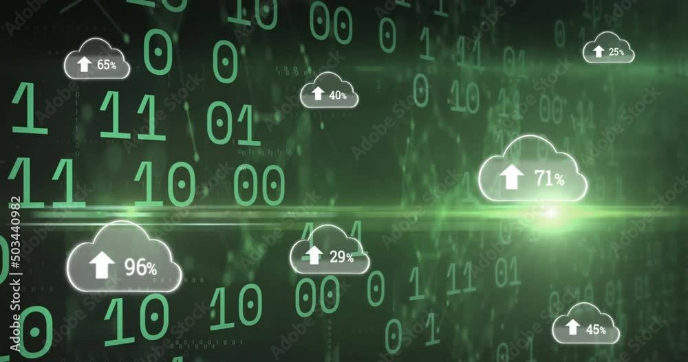 Poster animation of clouds with uploading over binary code on green background