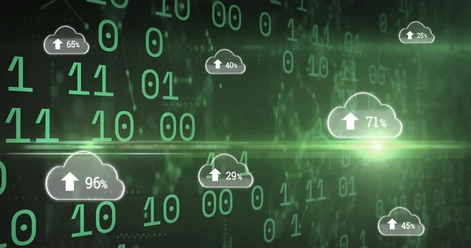Animation of clouds with uploading over binary code on green background