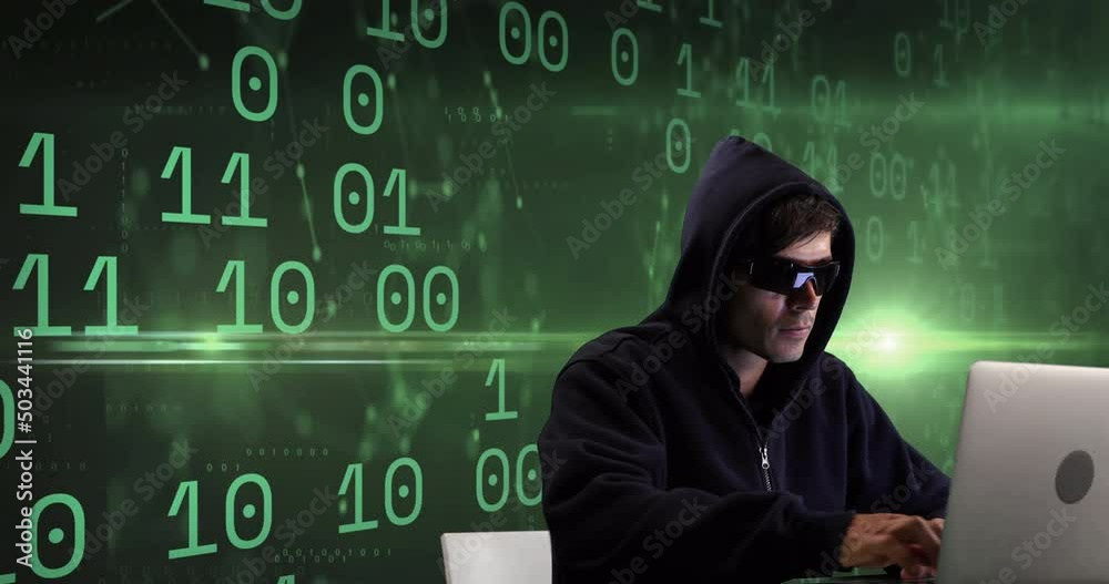 Poster animation of caucasian male hacker over binary code on green background