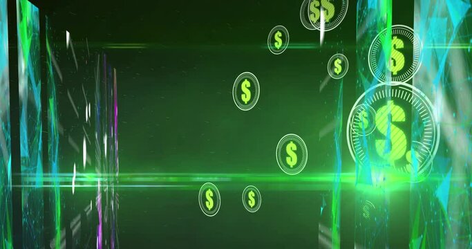 Animation of dollars in circles over shapes on green background with lights