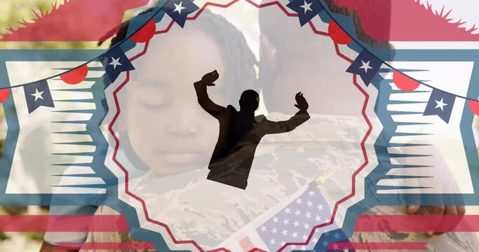 Animation of cotillion, flags and human silhouette over african american father and daughter