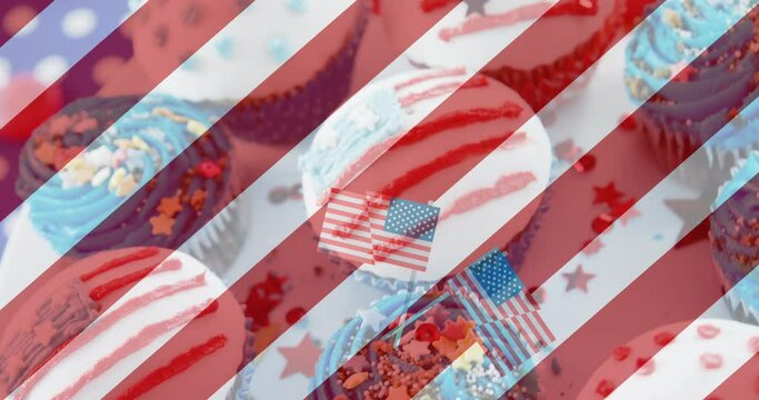 Animation of usa flags and white and red stripes over cupcakes