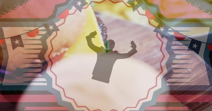 Animation of cotillion, flags and human silhouette over hamburgers