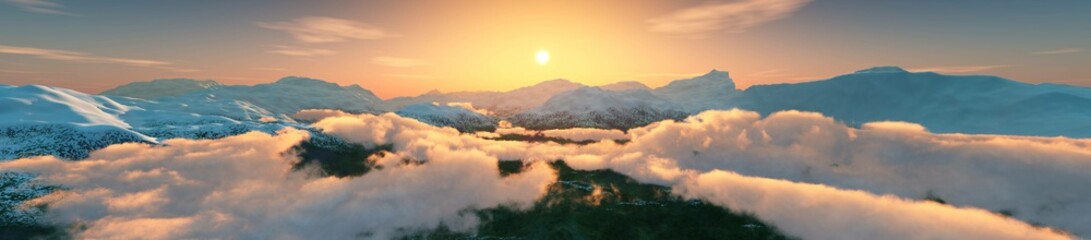 Naklejka na ściany i meble Beautiful mountain landscape, snowy peaks at sunset, mountains panorama at sunrise, 3d rendering