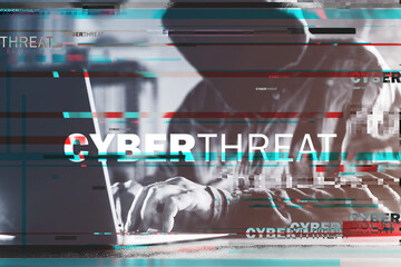 Cyberthreat, computer hacker and laptop with glitch effect - obrazy, fototapety, plakaty