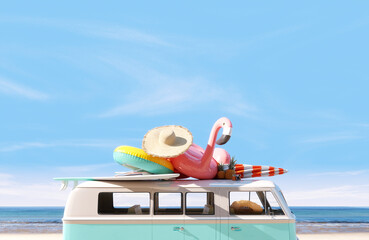 Summer vacation, travel holiday, retro van and beach accessories with beautiful sky background. 3d rendering
