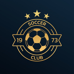 Soccer logo. Football club or team emblem, badge, icon design with a ball. Sport tournament, league, championship label. Vector illustration.