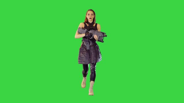 Anime girl in black leather skirt runs with machine gun in hands on a Green Screen, Chroma Key.