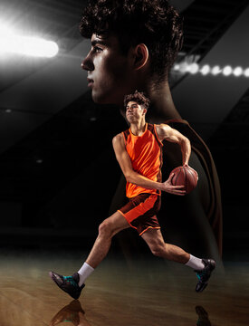 Composite image with young male basketball player with ball over dark background. Concept of healthy lifestyle, professional sport, hobby.