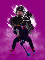 Creative collage with young man, hockey player in sports uniform over purple background. Concept of sport, power, energy, hobby.