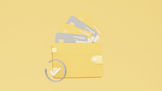 yellow Wallet and grey Credit card and symbol of successful transfer on yellow pastel background. money-saving, cashless society concept. realistic 3d render illustration