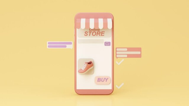 Online store concept on phone screen with striped awning and pastel shoes sneaker on phone screen with buy icon and comment text review product. on a yellow pastel background. realistic 3d render