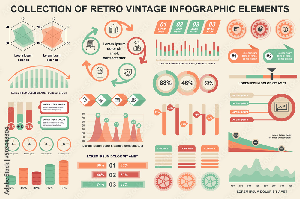 Poster Bundle vintage infographic elements data visualization vector design template. Can be used for steps, business processes, workflow, diagram, flowchart, timeline, marketing icons, retro infographics.